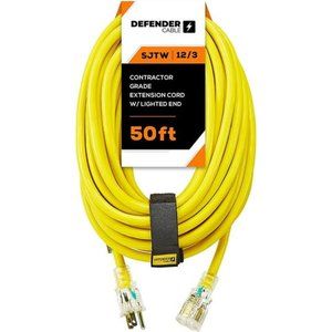 Defender Cable 12/3 Gauge, 50 ft SJTW Contractor Extension Cord with Lighted end